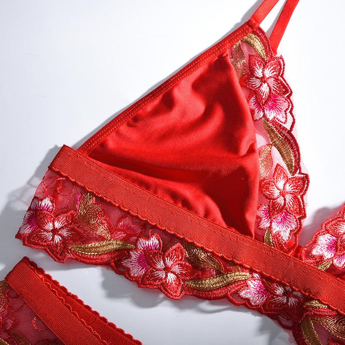 Women's Mesh Lace Underwear Embroidered Red Lingerie Set