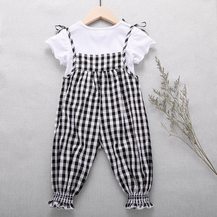 White T-shirt + Plaid suspender pants two-piece children's set
