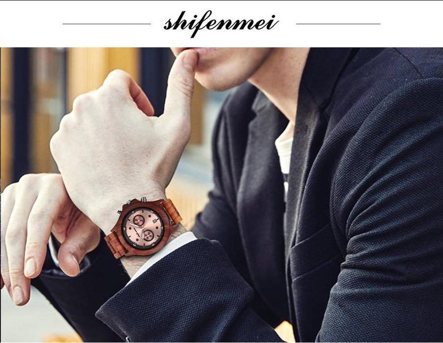 Classic Double Eye Wooden Business Quartz Watch