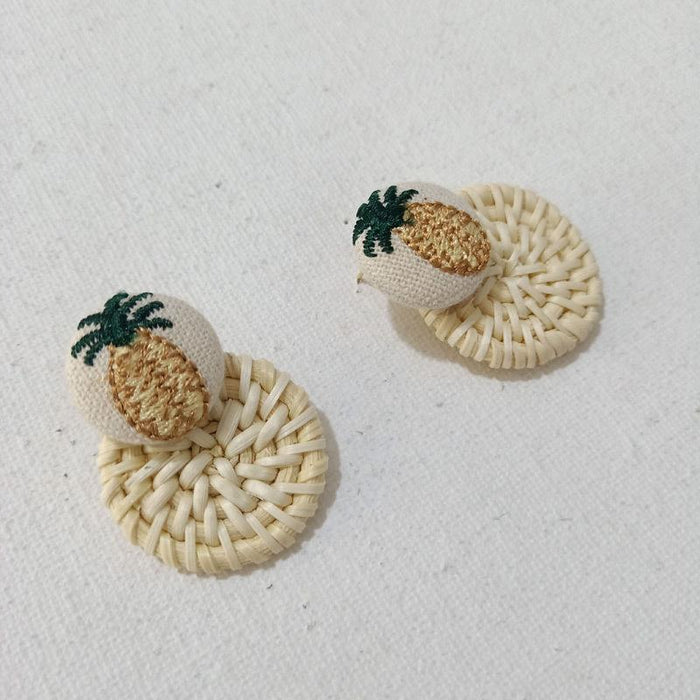 Popular Cloth Embroidery Pineapple Rattan Circle Earrings