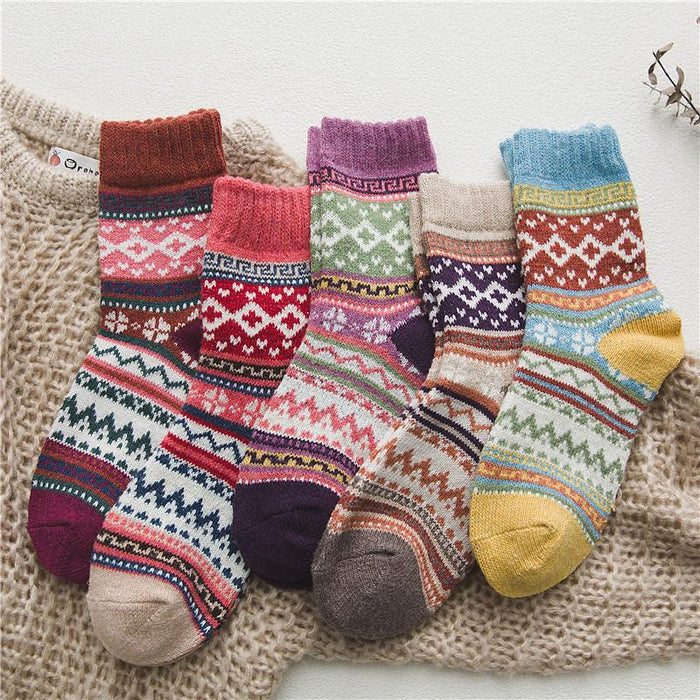 5 Pairs Winter Thick Warm Wool Women Cross Flower Socks