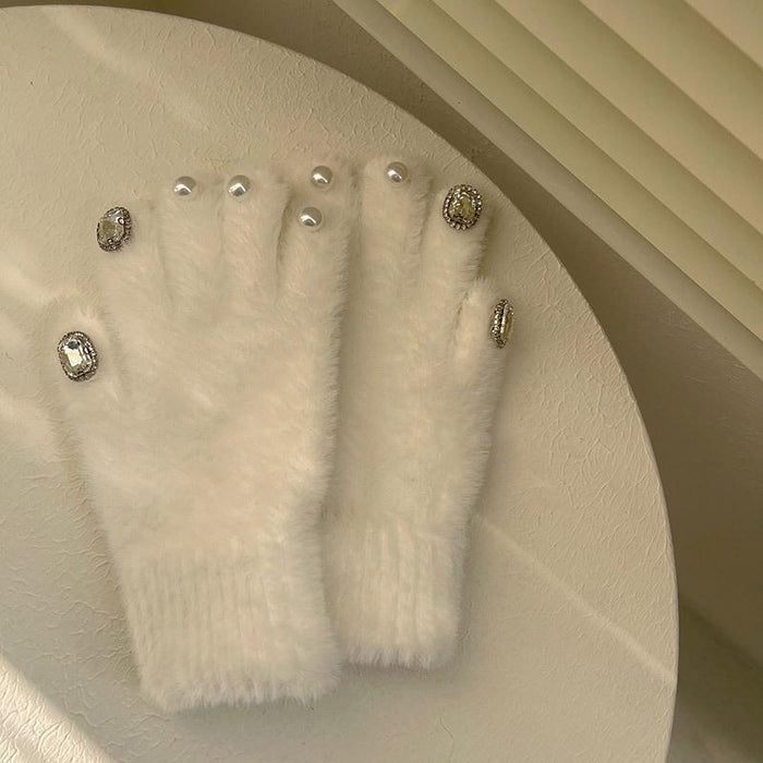 Rhinestone Pearl Warm Thickened Five Finger Gloves
