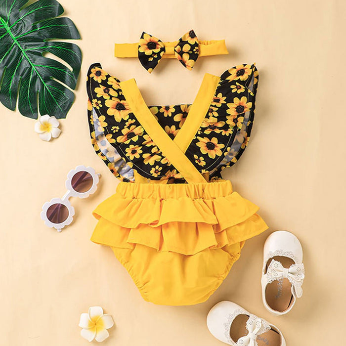 Cute Baby Children's Yellow Flower Jumpsuit With Headband