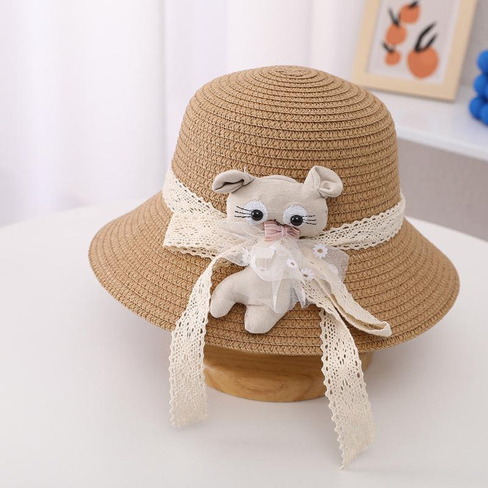 Summer Trendy Lace Cat Children's Grass Bucket Hat Bag Set
