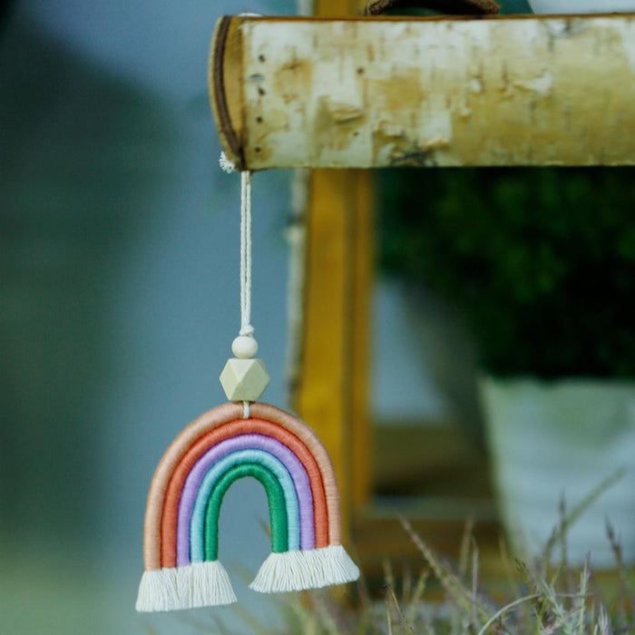 Handwoven Rainbow Car Pendant Boho Wood Bead Pendant