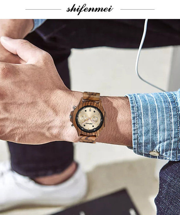 Classic Double Eye Wooden Business Quartz Watch