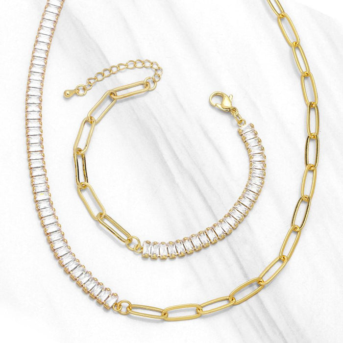 Fashion Zircon Stitched Chain Necklace + Bracelet