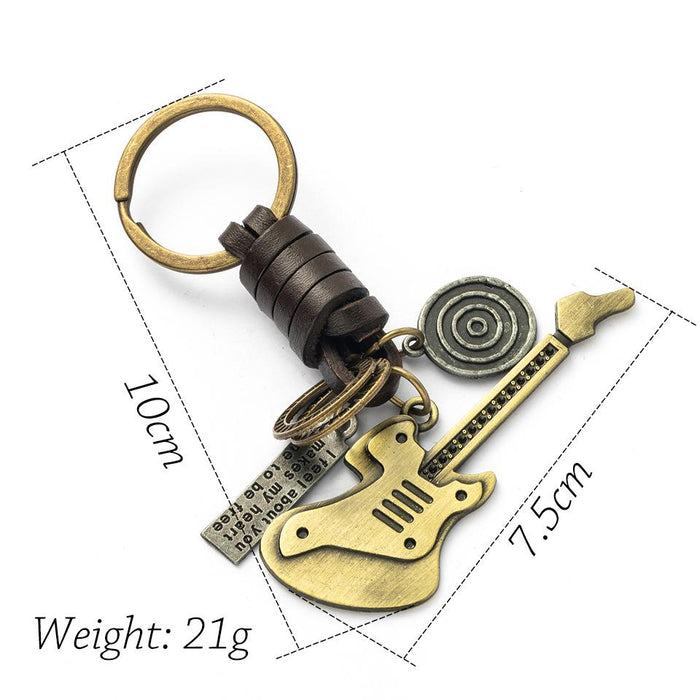 Vintage guitar leather metal key chain creative small gift hand woven car key chain pendant