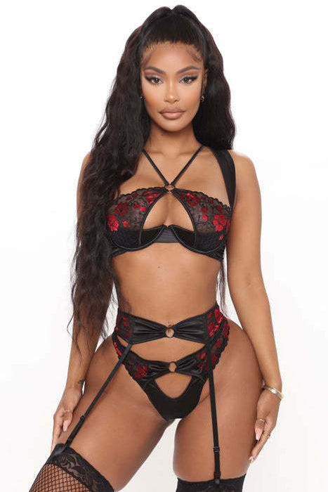 Women's Lace Mesh Embroidered Lingerie Pull Up Underwear Set