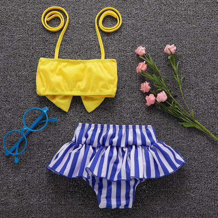 Suspender bow top striped briefs split swimsuit