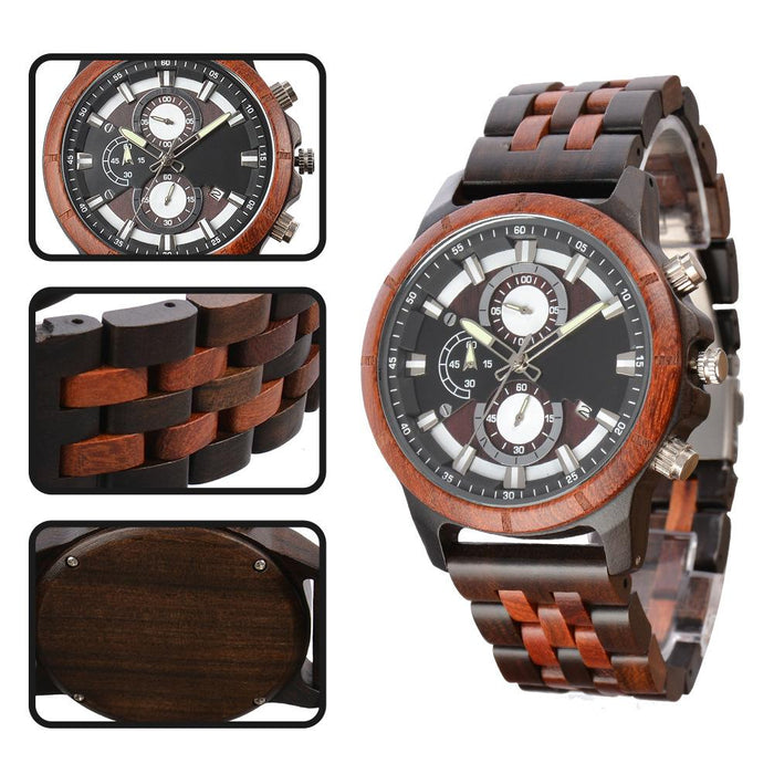 New Men's Business Multifunctional Luminous Large Dial Wooden Quartz Watch