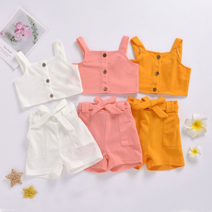 Suspender sleeveless top solid color shorts butterfly lace up Pants Set