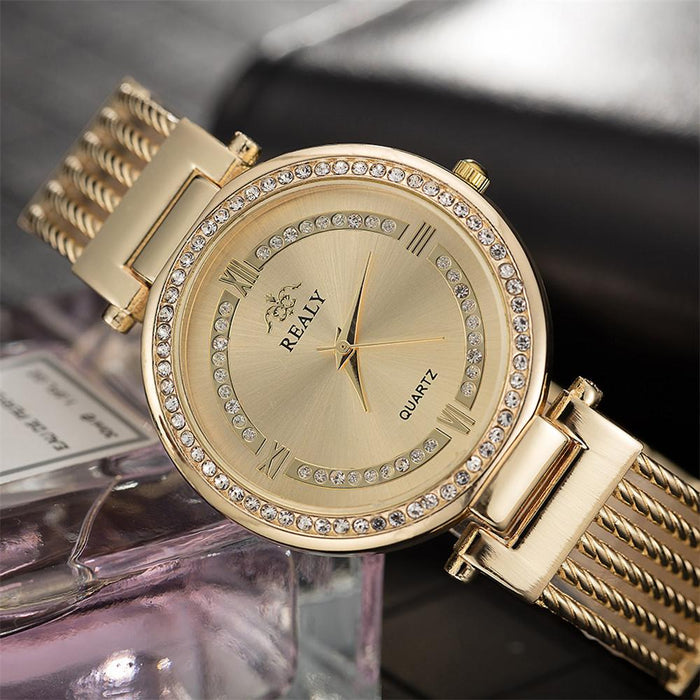 Fashion Gold Watches Simple Dial Ladies Quartz Wristwatches Casual Alloy Creative Bracelet Strap