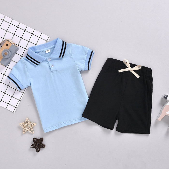 Striped stand collar shirt Short Sleeve Top Shorts two piece set