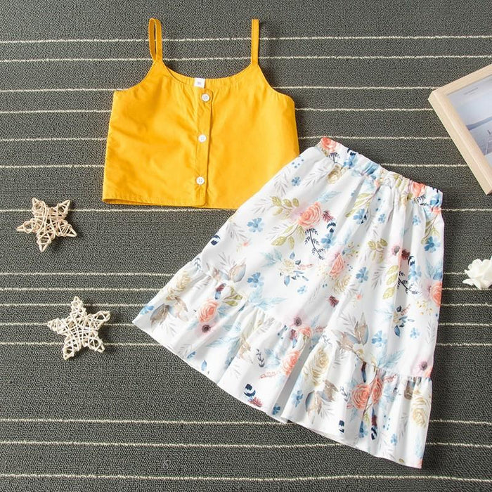 Suspender top floral skirt two-piece set personality irregular skirt middle girl suit