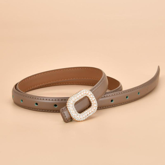 New Women's Inlaid Pearl Rhinestone Round Buckle Leather Belt