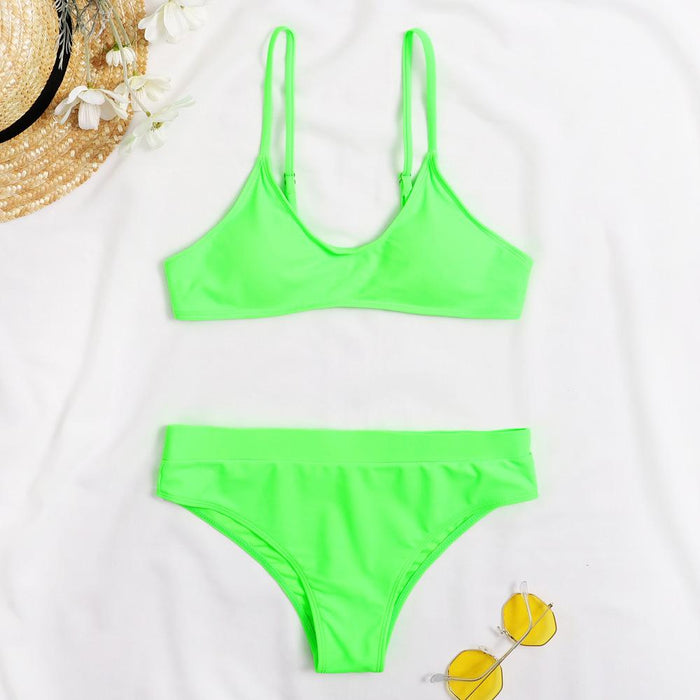 New Sexy Suspender High Waist Fluorescent Green Double-sided Split Bikini