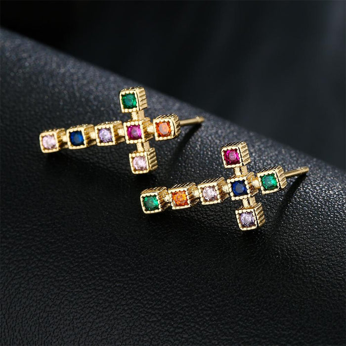 Fashion Personality Cross Gold Color Zircon Earrings