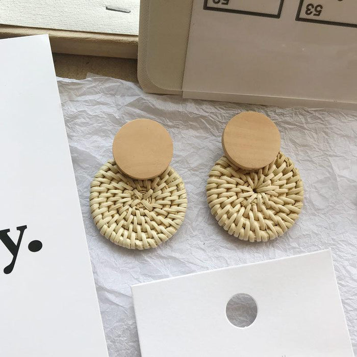 Geometric Circular Bamboo Rattan Woven Wooden Earrings