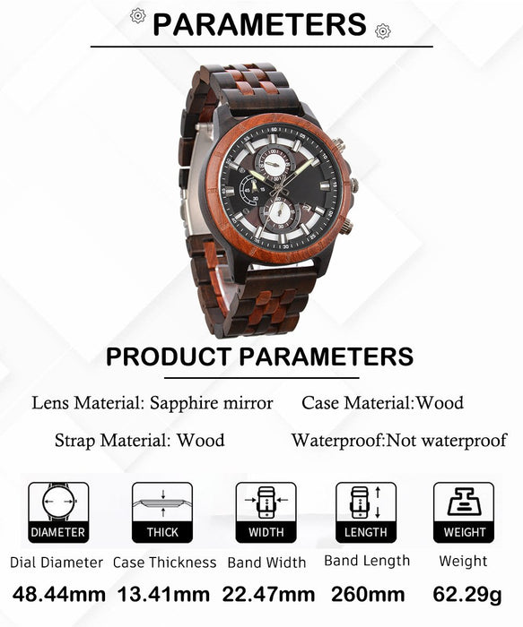 New Men's Business Multifunctional Luminous Large Dial Wooden Quartz Watch