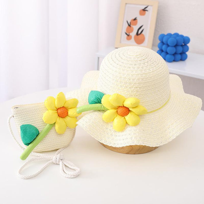 Trendy Three-dimensional Five-petal Flower Children's Wavy Straw Hat Bag Set