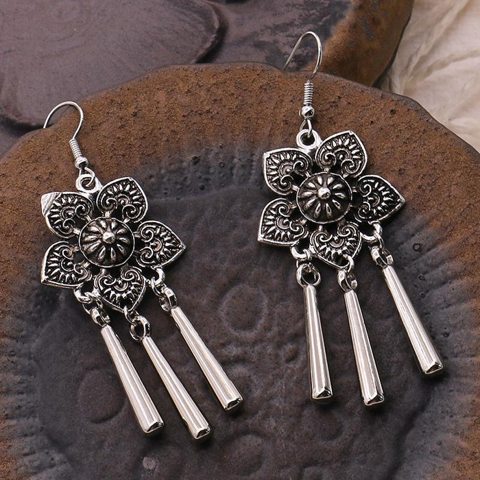 Women's Bohemian Ethnic Silver Peacock Flower Leaf Earrings