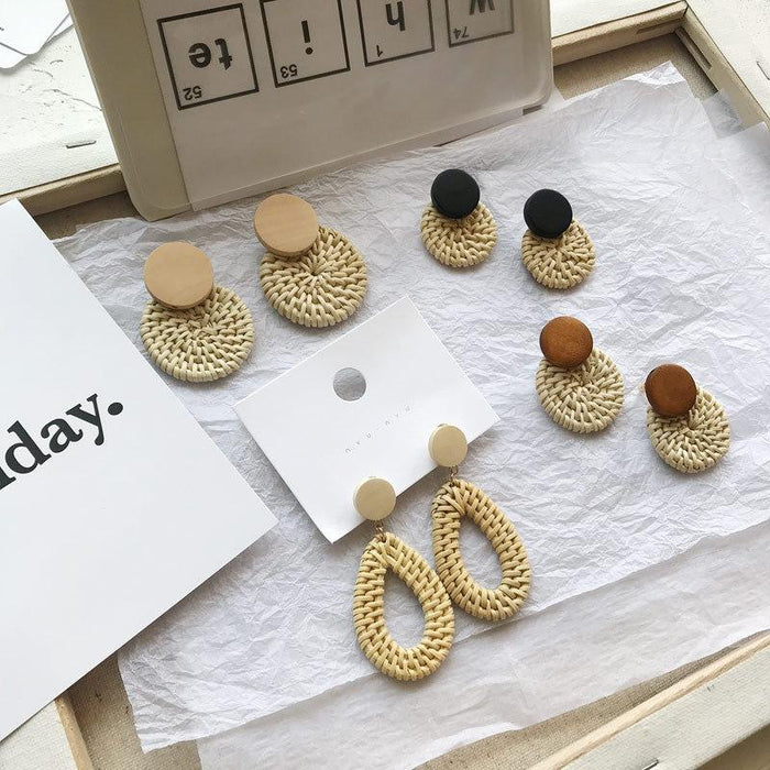 Geometric Circular Bamboo Rattan Woven Wooden Earrings