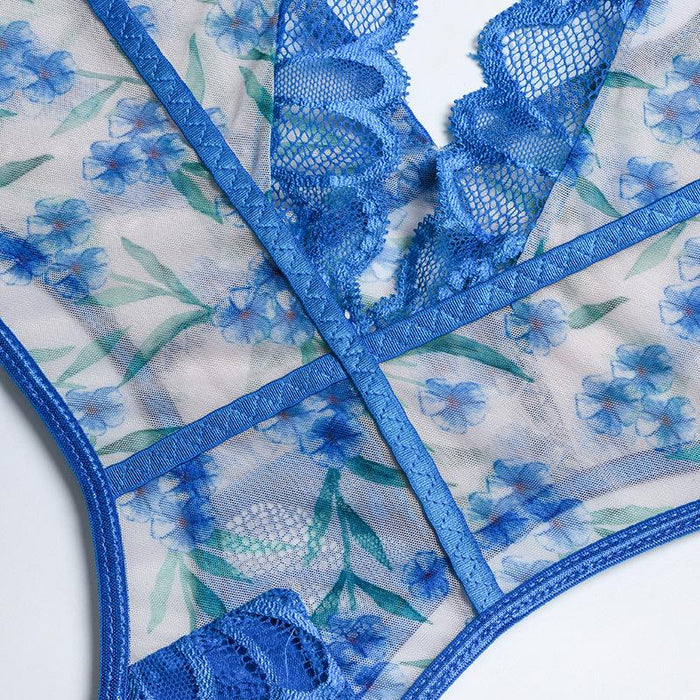 Women's Summer Mesh Lingerie Floral Print Slim Bodysuit