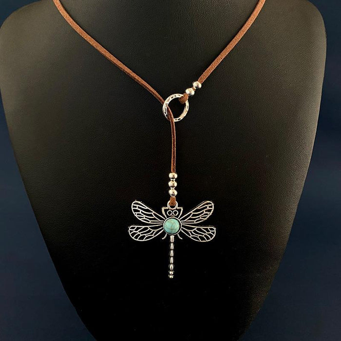 Bohemian Dragonfly Turquoise Vintage Leather Rope Necklace