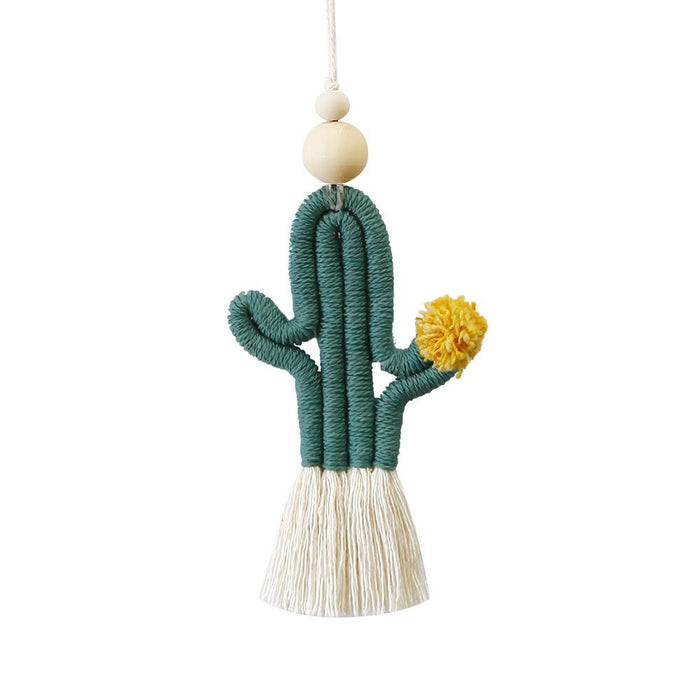 Hand Woven Cactus Pendant Cotton Rope Wood Bead Tassel Pendant