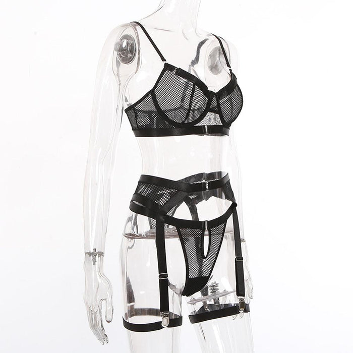Sexy Mesh Lingerie Women Intimates Underwear Three Piece Set