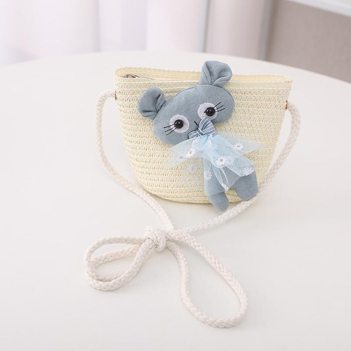 Summer Trendy Lace Cat Children's Grass Bucket Hat Bag Set