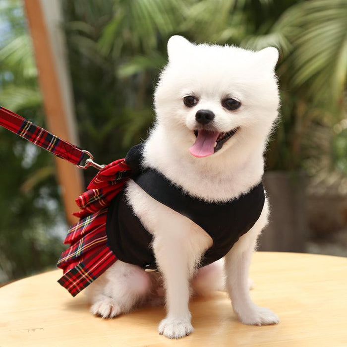 College Plaid Dog Dresses Harness Leash Suit Pet Clothes