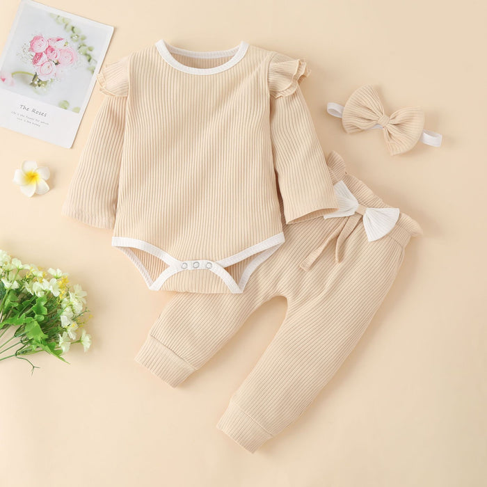 Solid color pit strip cotton long sleeve Khaki bow pants three piece set