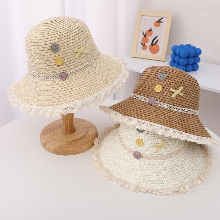 Trendy Three-color Button Children's Lace Straw Hat Bag Set