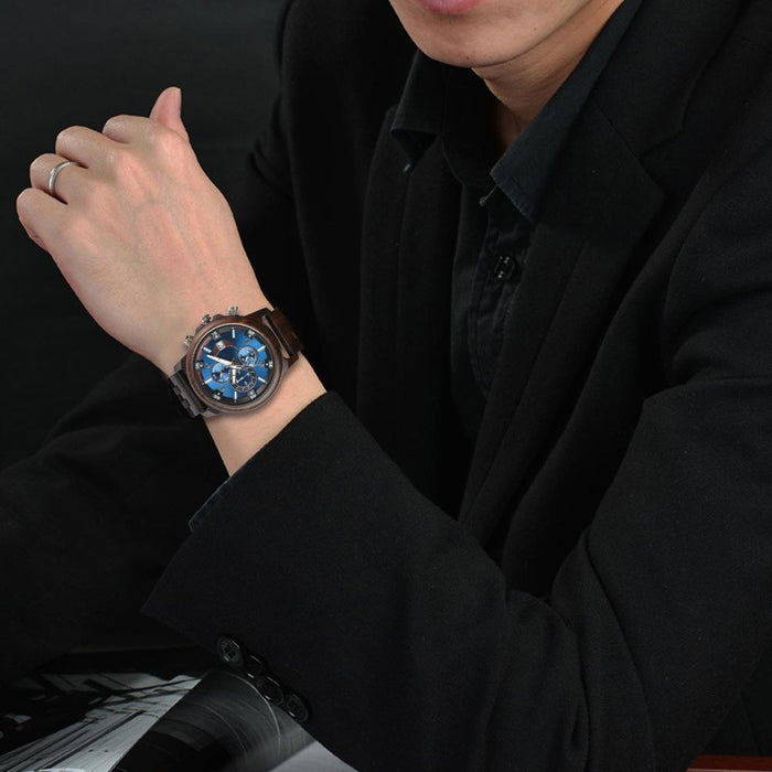 New Men's Business Multifunctional Luminous Wooden Quartz Watch
