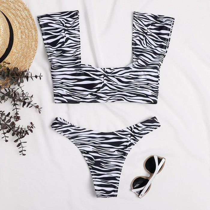 New Sexy Short Sleeved Zebra Striped Split Backless Bikini