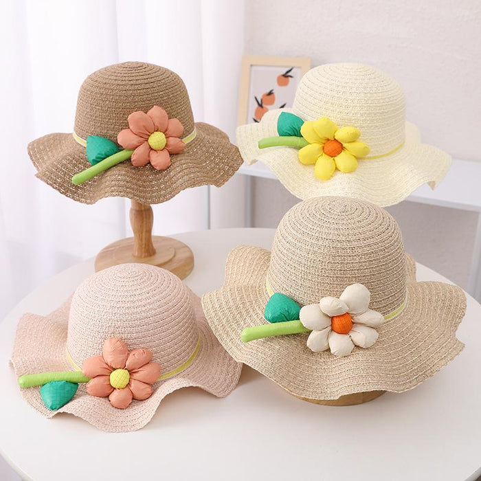 Trendy Three-dimensional Five-petal Flower Children's Wavy Straw Hat Bag Set