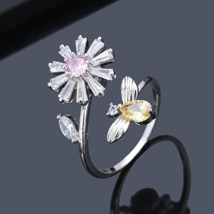 Fashion Women Zircon Flower Adjustable Ring