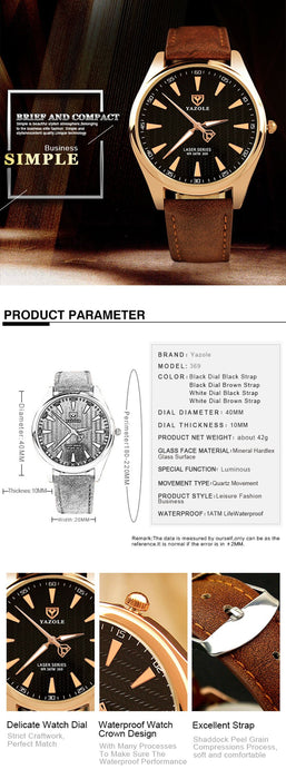 Yazole Men Watches Fashion Unique Designer Quartz Watch Business Gentle Clock