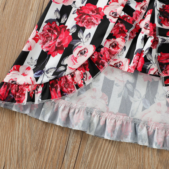 Rose stripe suspender split dress patchwork shorts