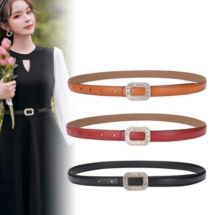 Women's Rhinestone Square Buckle Thin Belt Jeans Dress with