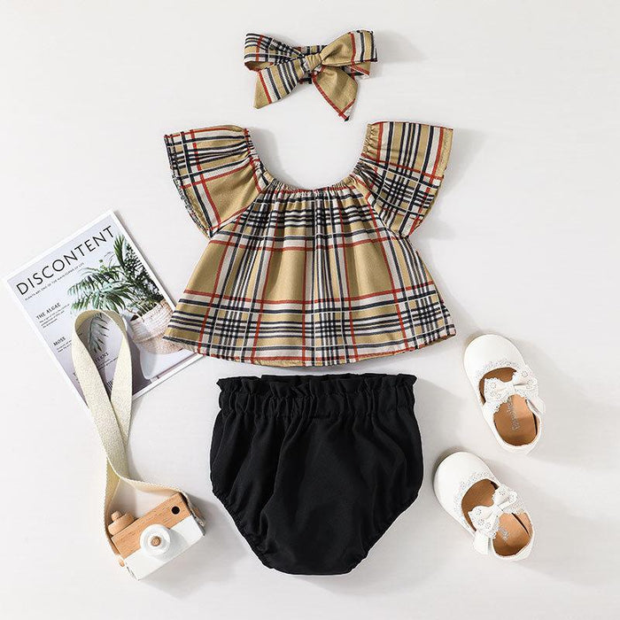 Baby Plaid Sleeveless Top + Briefs + Headscarf 3 Set