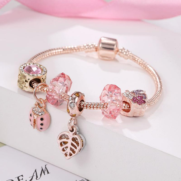 Rose Gold ladybird Pendant Pink Bracelet