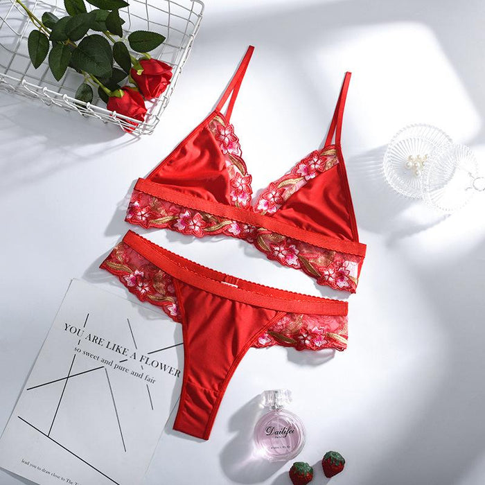 Women's Mesh Lace Underwear Embroidered Red Lingerie Set
