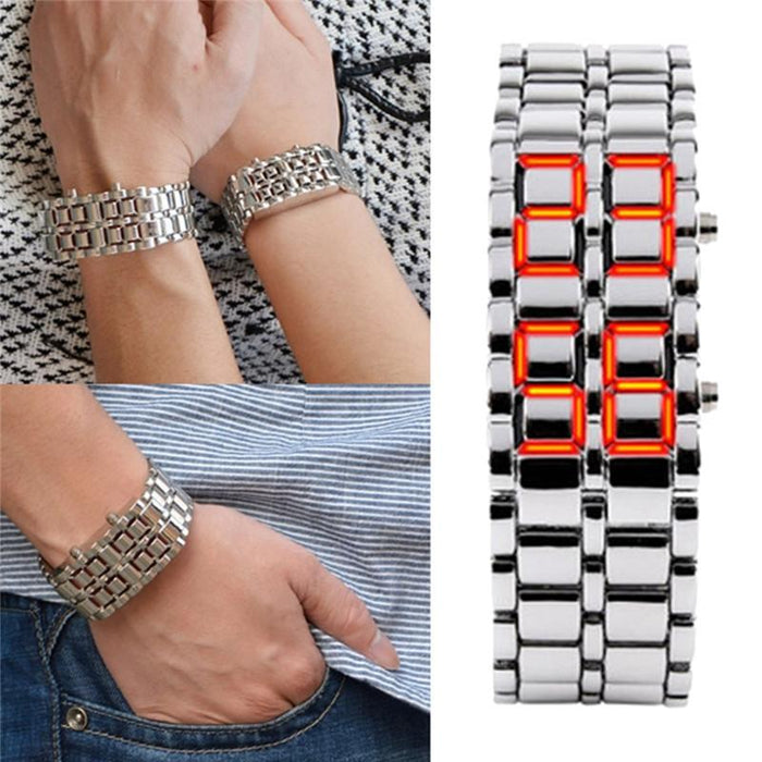 Men Women Lava Iron Samurai Metal LED Faceless Bracelet Watch