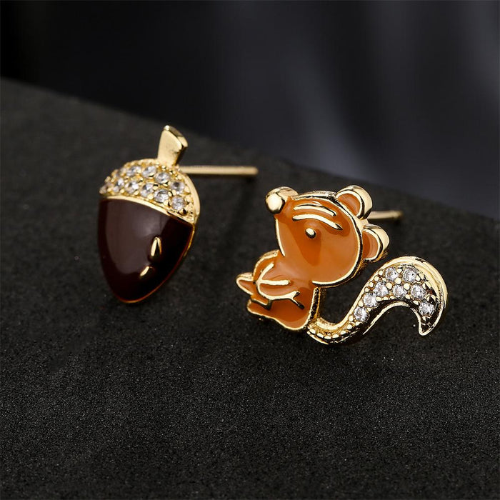 Personalized Oil Drop Gold Color Squirrel Zircon Animal Stud Earrings