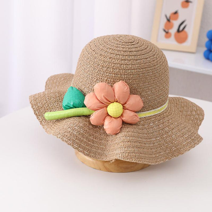 Trendy Three-dimensional Five-petal Flower Children's Wavy Straw Hat Bag Set