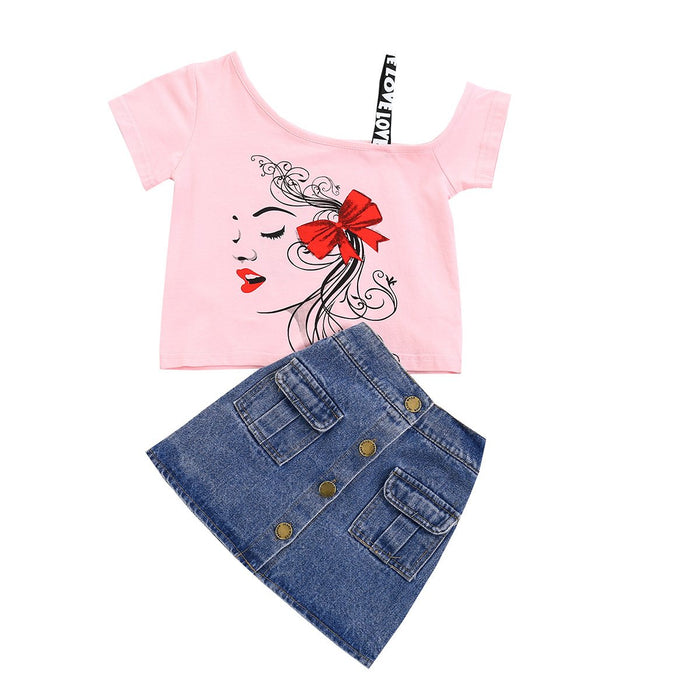 Shoulder diagonal collar short sleeve T-shirt denim skirt 2-piece set