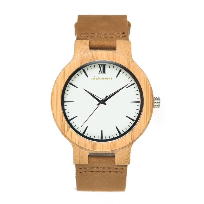 Men's Fashion Simple Bamboo Wood Watch Classic Leather Strap Quartz Watch